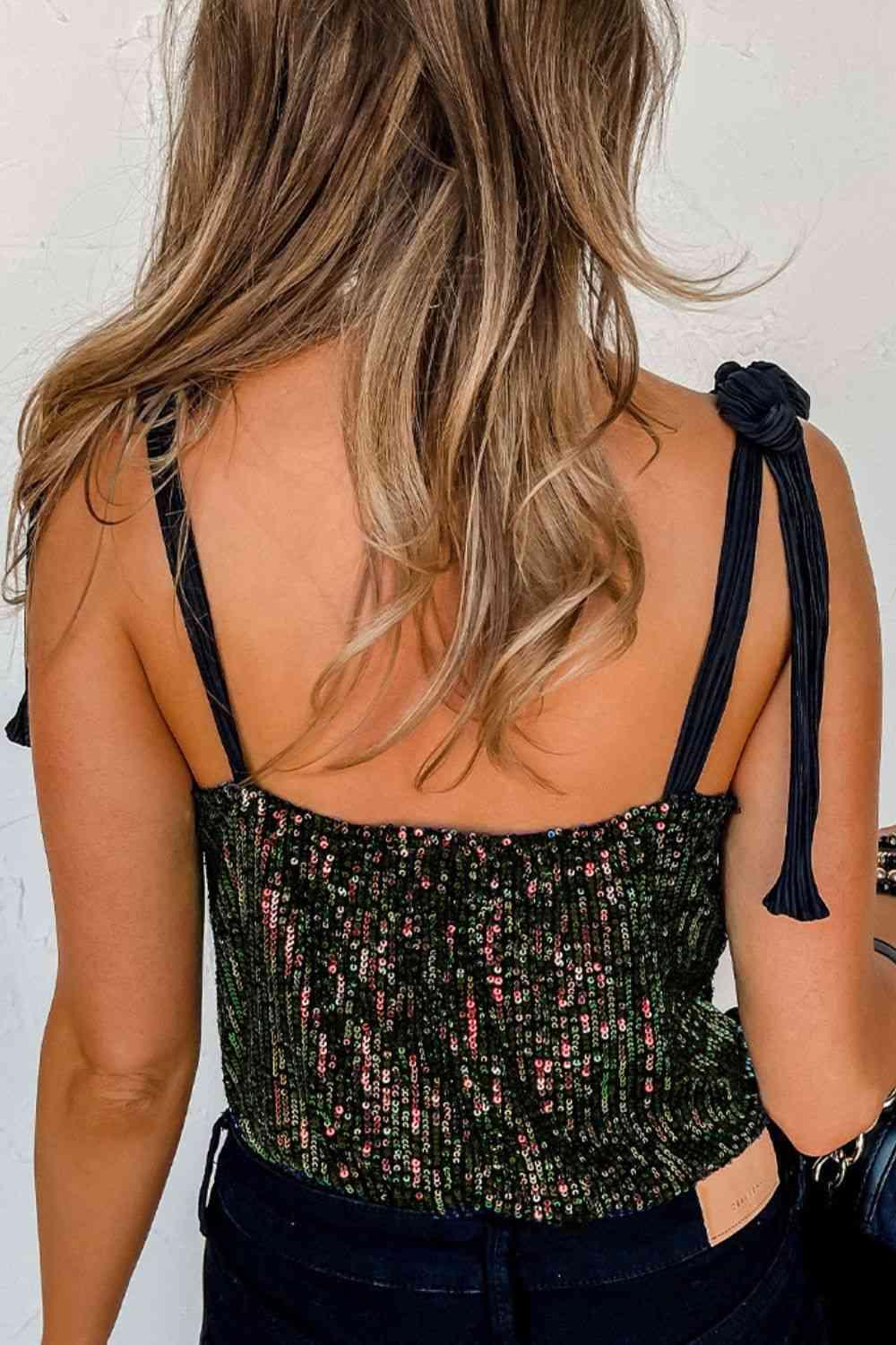 Norah Sequin V-Neck Tie Shoulder Bodysuit - SwagglyLife Home & Fashion