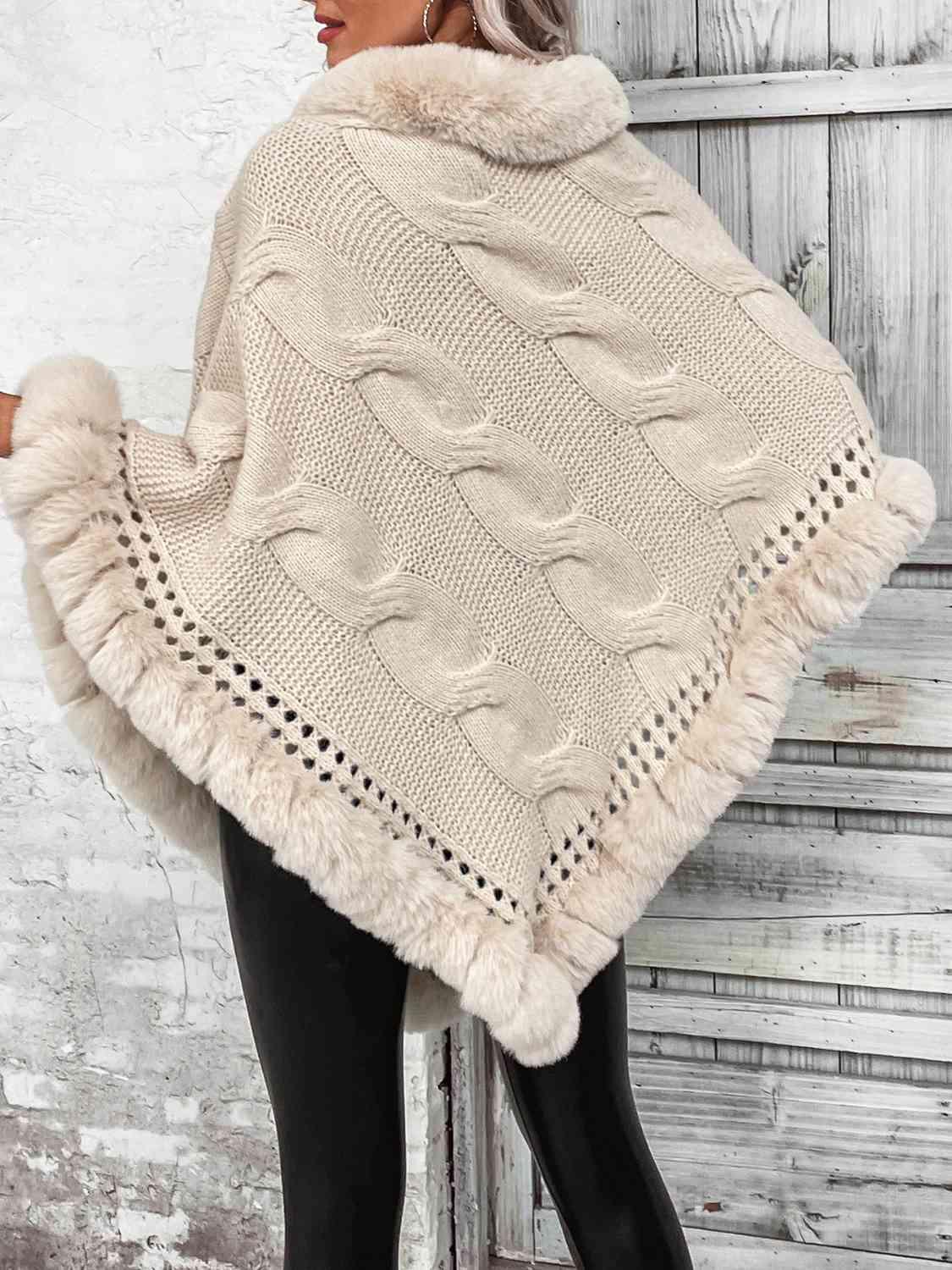 Norma Faux Fur Trim Cable-Knit Poncho - SwagglyLife Home & Fashion