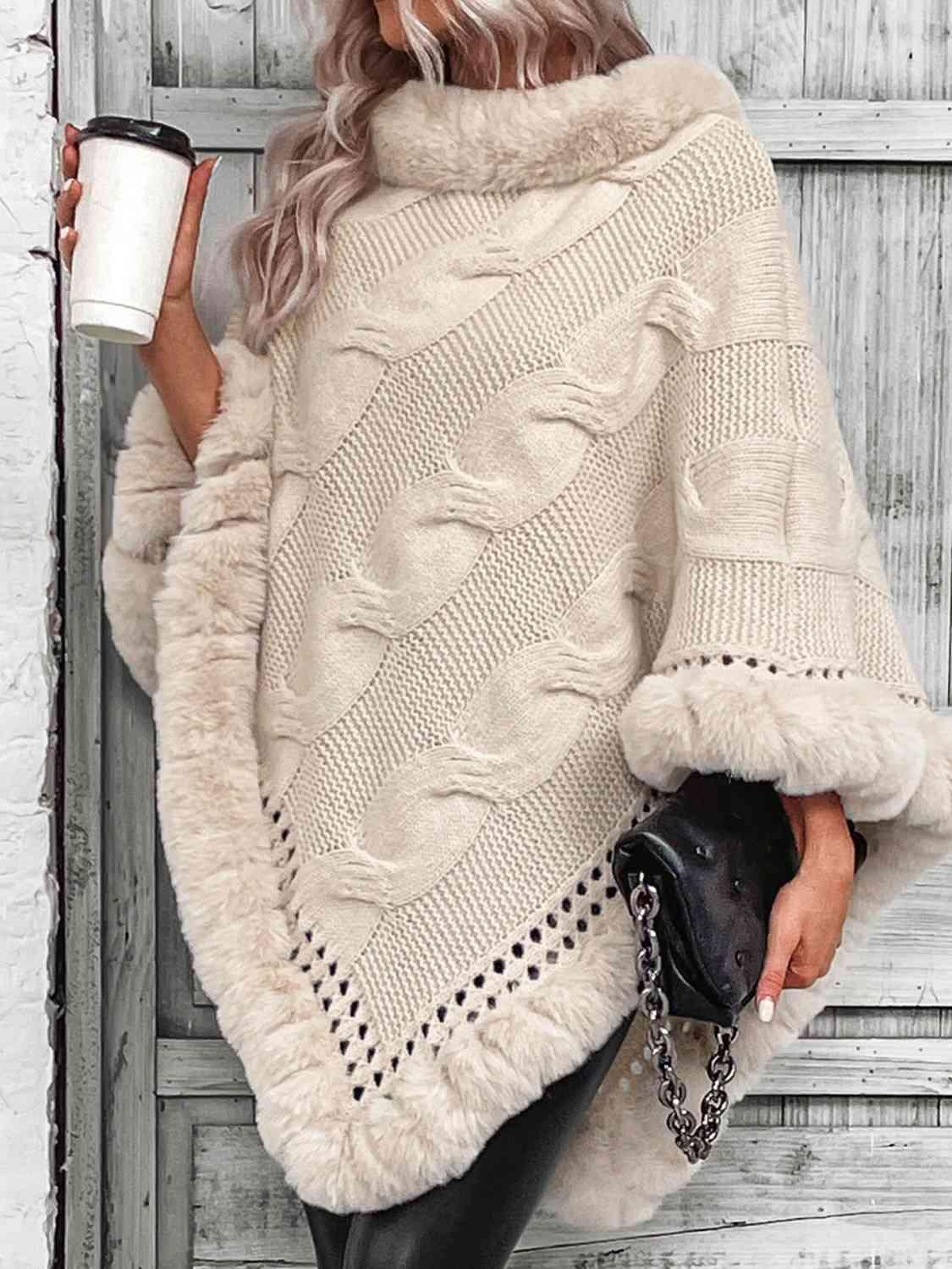 Norma Faux Fur Trim Cable-Knit Poncho - SwagglyLife Home & Fashion