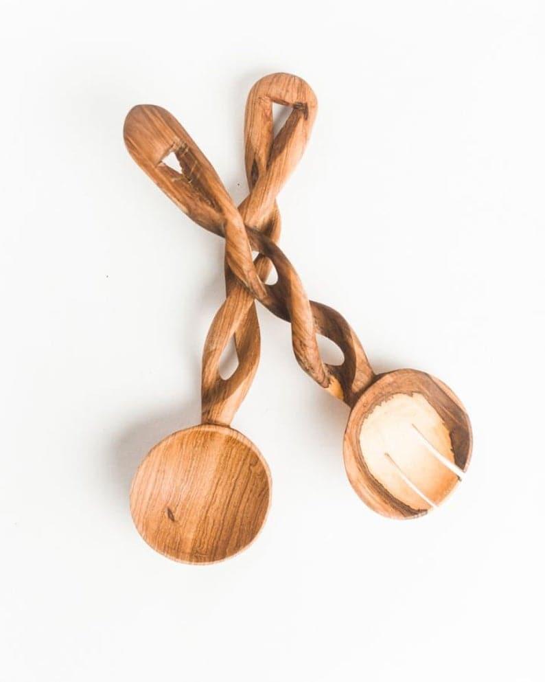 Olive Wood Spiral Salad Servers - SwagglyLife Home & Fashion