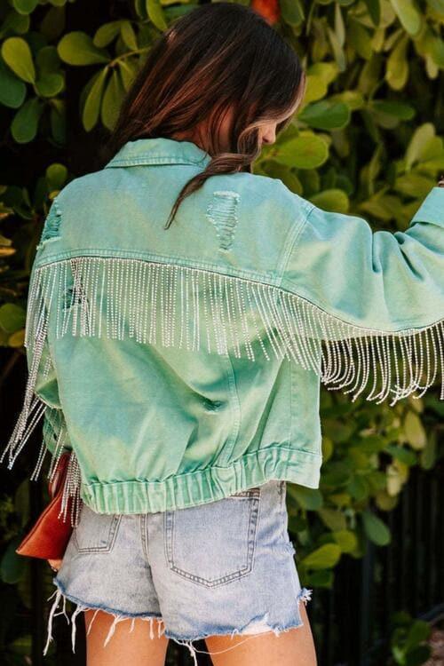 Olivia Fringed Chain Raw Hem Distressed Jacket - SwagglyLife Home & Fashion