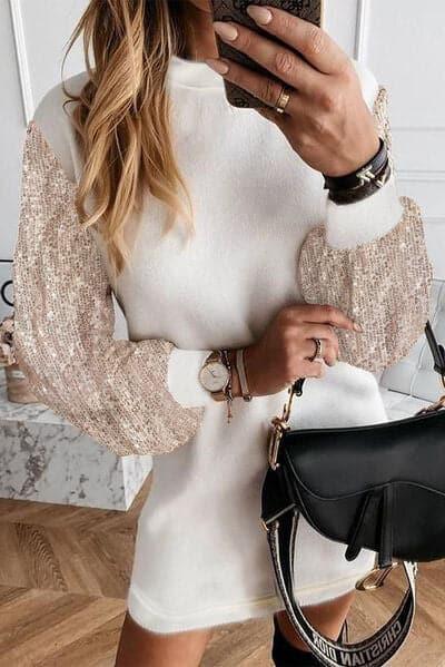 Olivia Sequin Long Sleeve Round Neck Mini Dress - SwagglyLife Home & Fashion