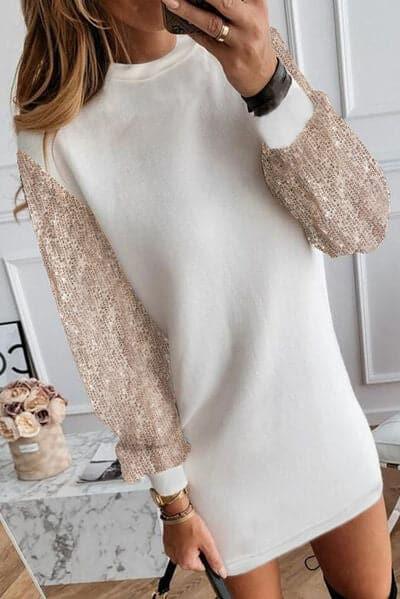 Olivia Sequin Long Sleeve Round Neck Mini Dress - SwagglyLife Home & Fashion