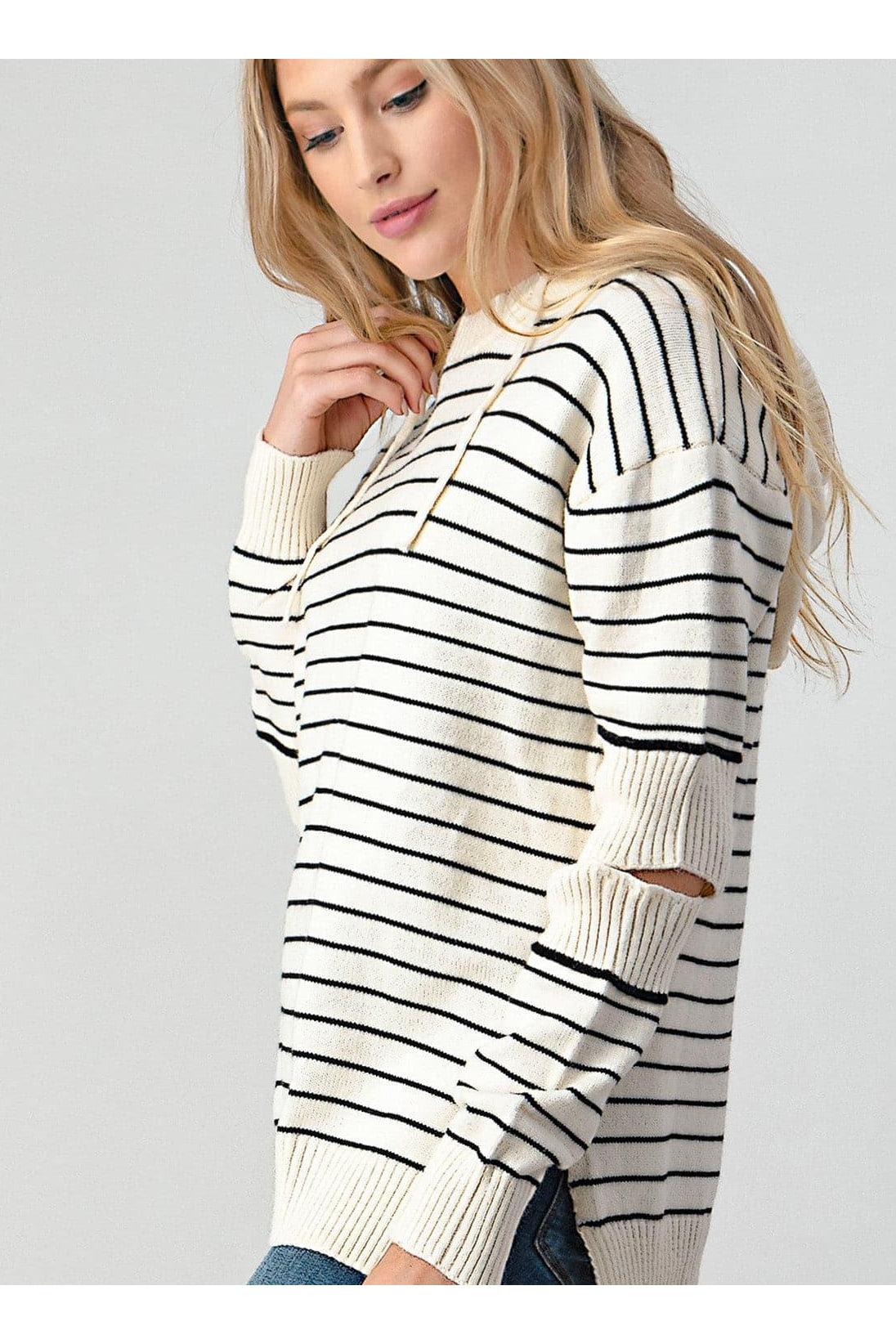 Olivia Striped Cutout Slit Sweater - SwagglyLife Home & Fashion