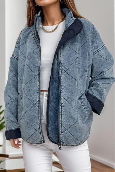 Paityn Pocketed Zip Up Dropped Shoulder Denim Jacket - SwagglyLife Home & Fashion