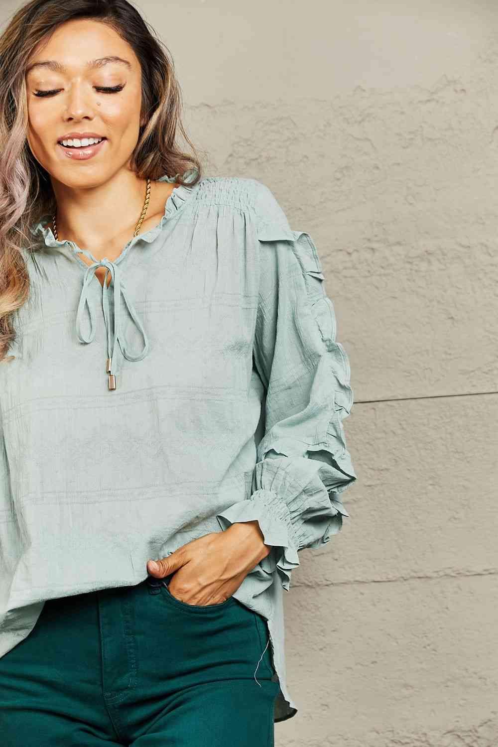 Petal Dew Take A Chance Ruffled Long Sleeve Blouse - SwagglyLife Home & Fashion