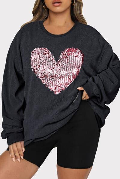 Plus Size Heart Sequin Round Neck Sweatshirt - SwagglyLife Home & Fashion