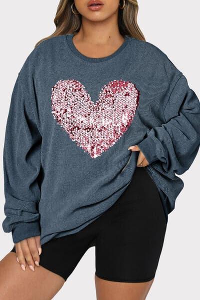 Plus Size Heart Sequin Round Neck Sweatshirt - SwagglyLife Home & Fashion