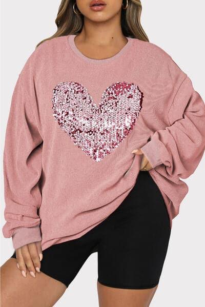 Plus Size Heart Sequin Round Neck Sweatshirt - SwagglyLife Home & Fashion