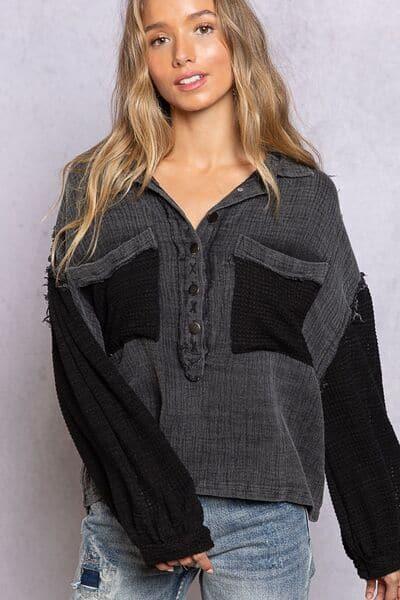 POL Oversize Contrast Long Sleeve Half Button Blouse - SwagglyLife Home & Fashion