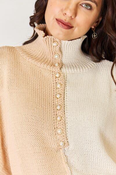 POL Pearl Detail Contrast Turtleneck Sweater - SwagglyLife Home & Fashion
