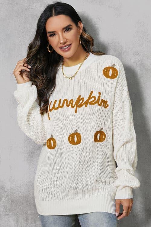 Pumpkin Embroidery Long Sleeve Sweater - SwagglyLife Home & Fashion