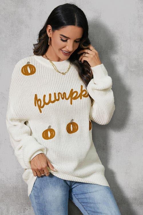 Pumpkin Embroidery Long Sleeve Sweater - SwagglyLife Home & Fashion