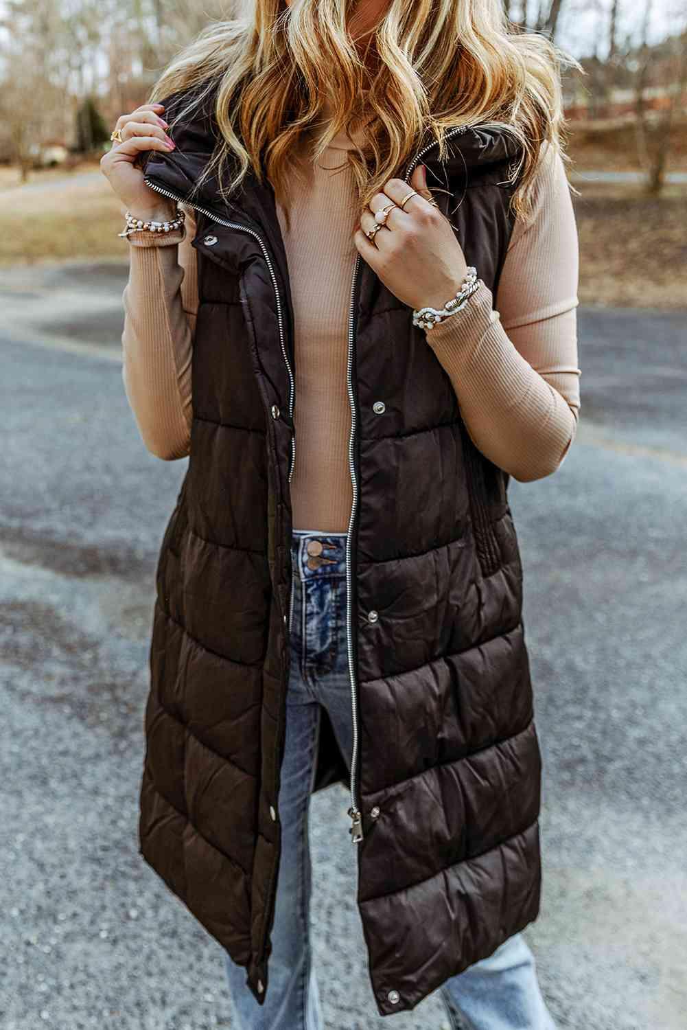 Raegan Longline Hooded Sleeveless Puffer Vest - SwagglyLife Home & Fashion