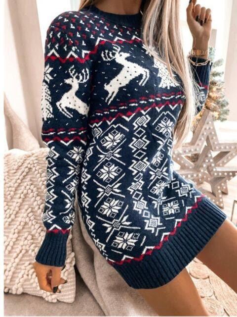 Reindeer & Snowflake Round Neck Sweater Dress - SwagglyLife Home & Fashion