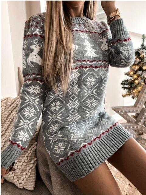 Reindeer & Snowflake Round Neck Sweater Dress - SwagglyLife Home & Fashion
