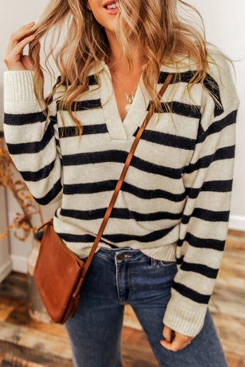 Rhea Striped Collared Neck Long Sleeve Sweater - SwagglyLife Home & Fashion