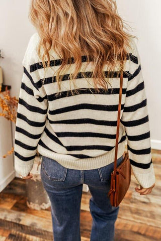 Rhea Striped Collared Neck Long Sleeve Sweater - SwagglyLife Home & Fashion