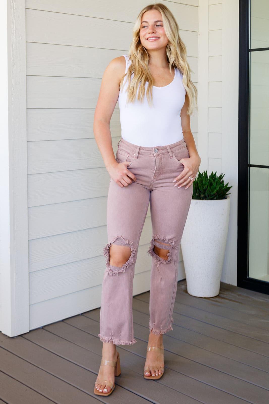 RISEN Babs High Rise Distressed Straight Jeans in Mauve - SwagglyLife Home & Fashion