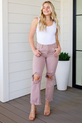 RISEN Babs High Rise Distressed Straight Jeans in Mauve - SwagglyLife Home & Fashion