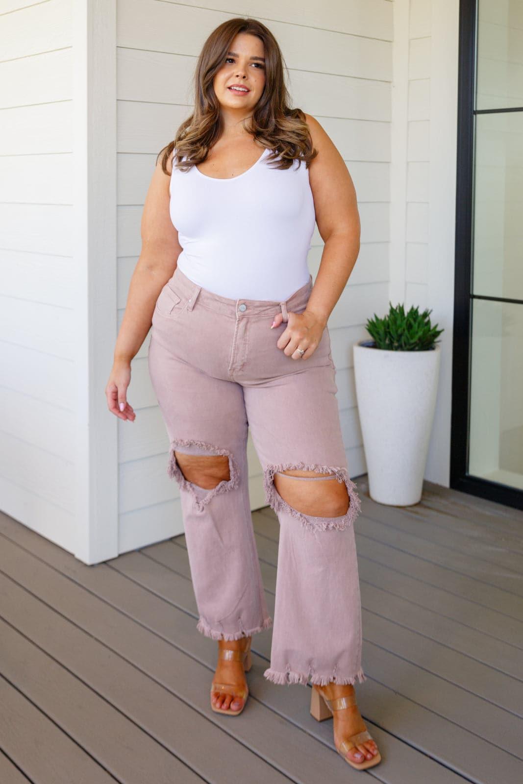 RISEN Babs High Rise Distressed Straight Jeans in Mauve - SwagglyLife Home & Fashion