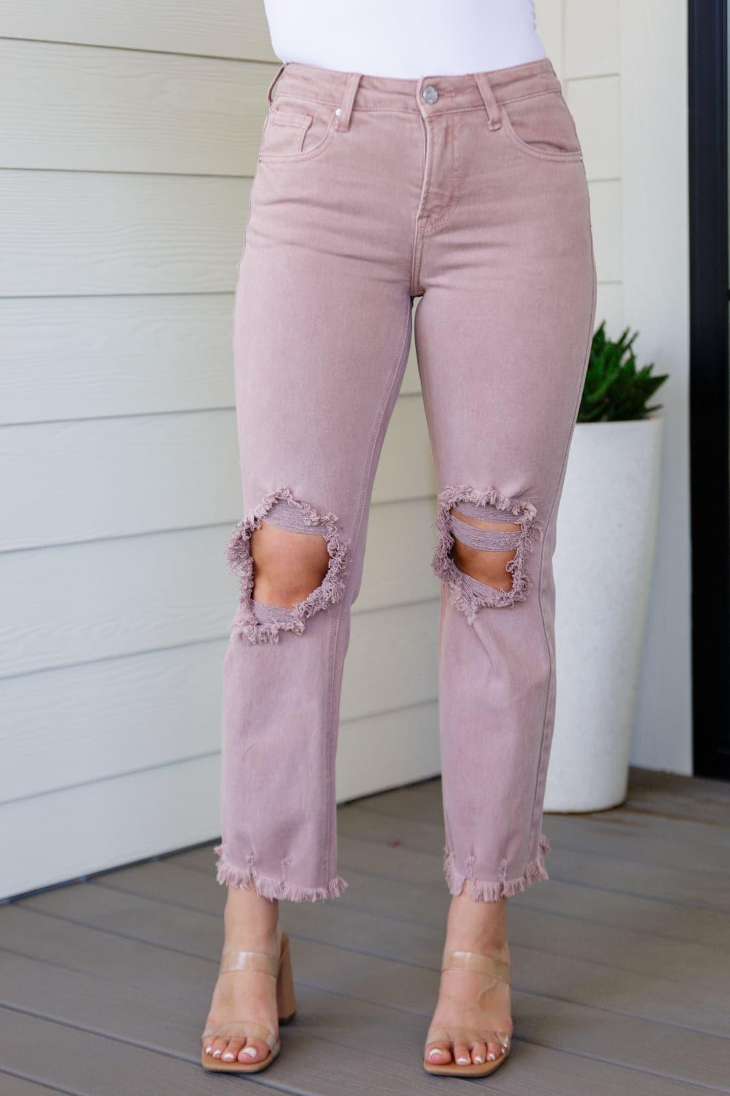 RISEN Babs High Rise Distressed Straight Jeans in Mauve - SwagglyLife Home & Fashion