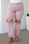 RISEN Babs High Rise Distressed Straight Jeans in Mauve - SwagglyLife Home & Fashion