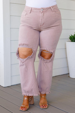 RISEN Babs High Rise Distressed Straight Jeans in Mauve - SwagglyLife Home & Fashion