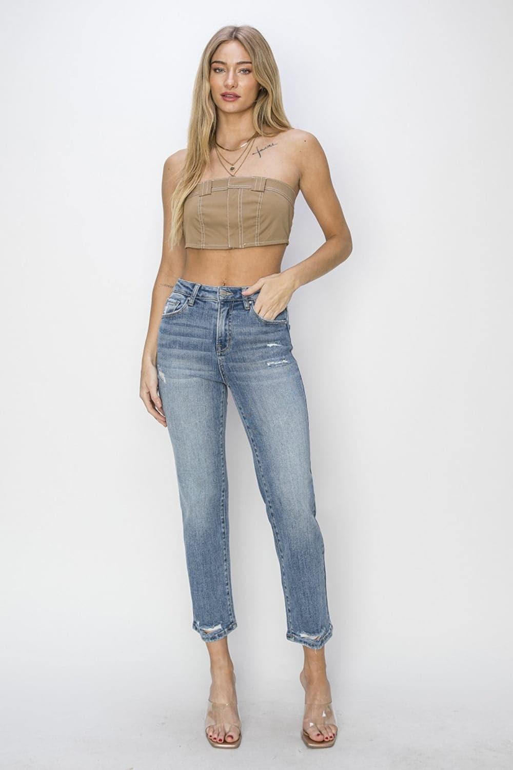 RISEN Full Size High Waist Distressed Cropped Jeans - SwagglyLife Home & Fashion
