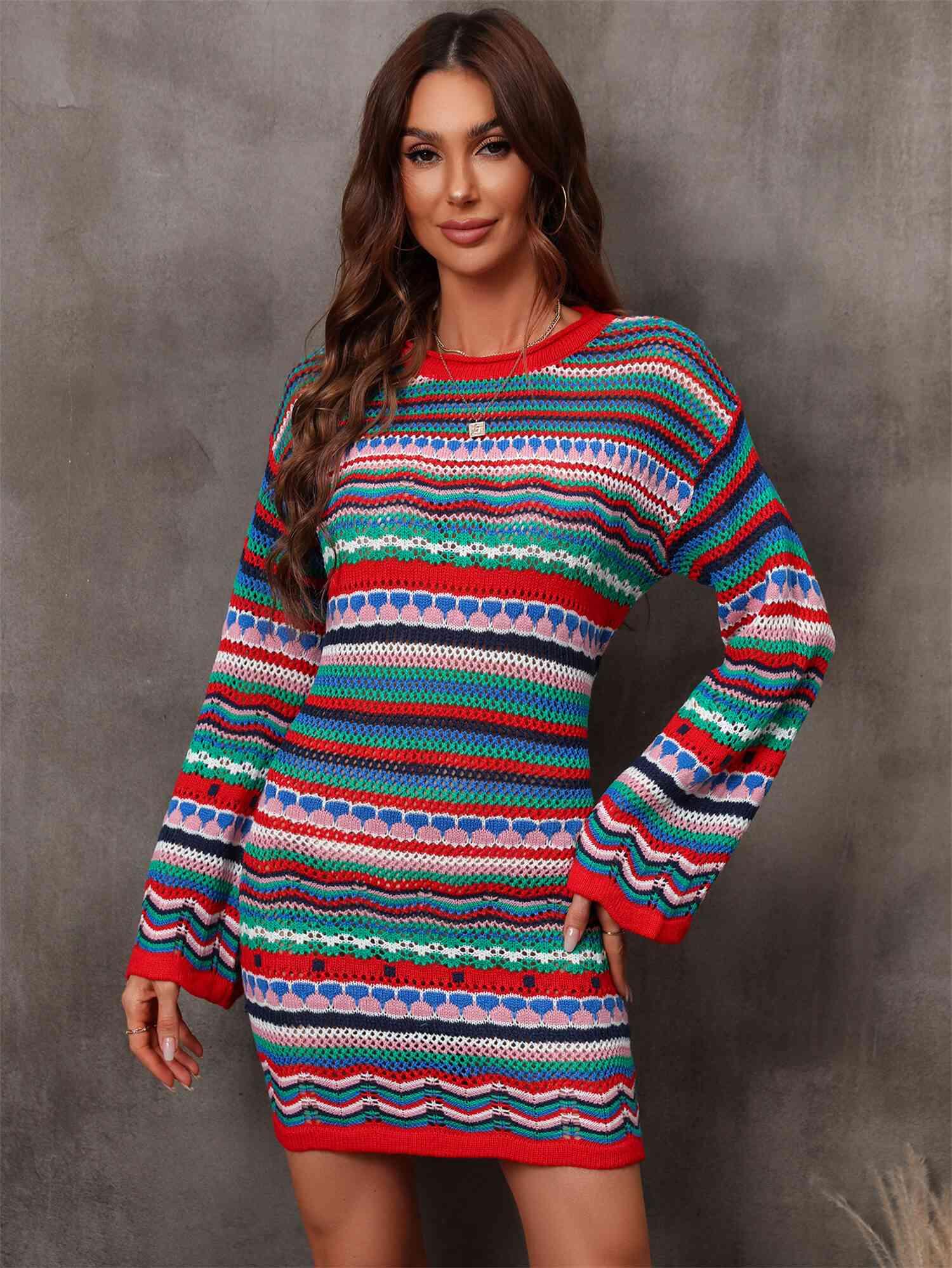 Rosie Multicolored Stripe Dropped Shoulder Sweater Dress - SwagglyLife Home & Fashion