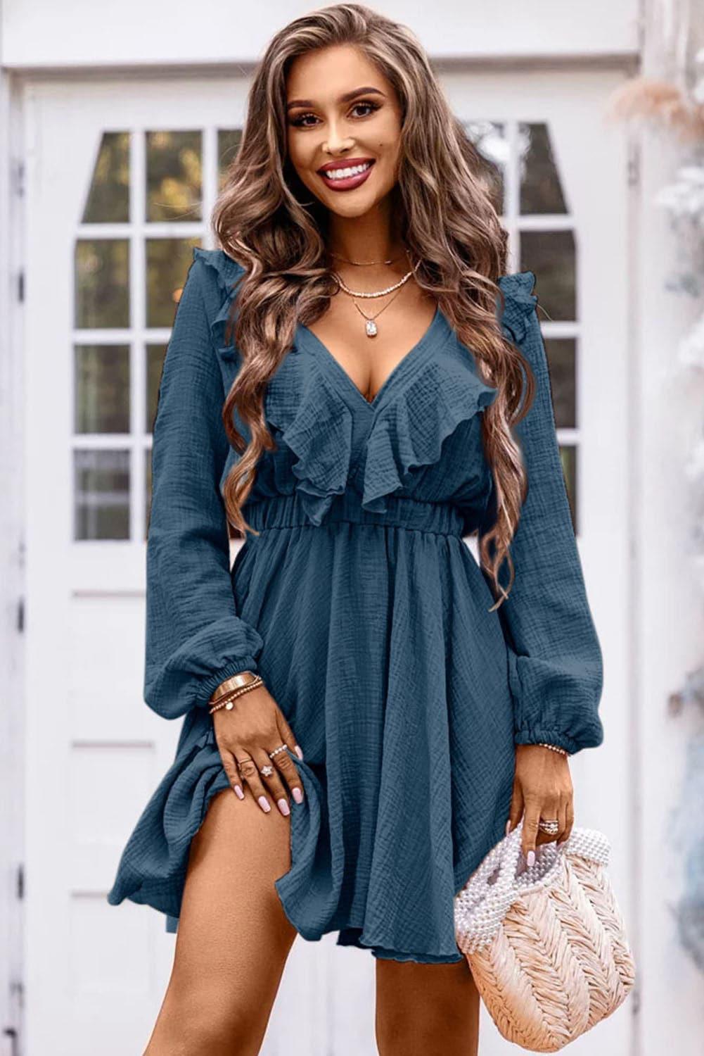 Ruffle Trim V-Neck Long Sleeve Mini Dress - SwagglyLife Home & Fashion