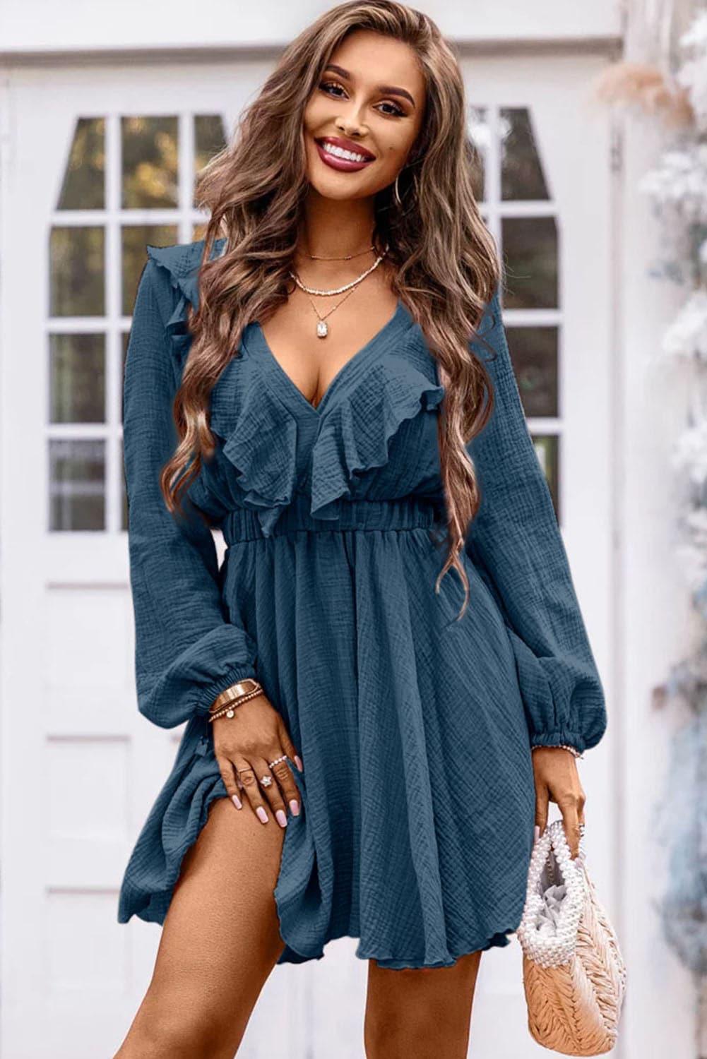 Ruffle Trim V-Neck Long Sleeve Mini Dress - SwagglyLife Home & Fashion