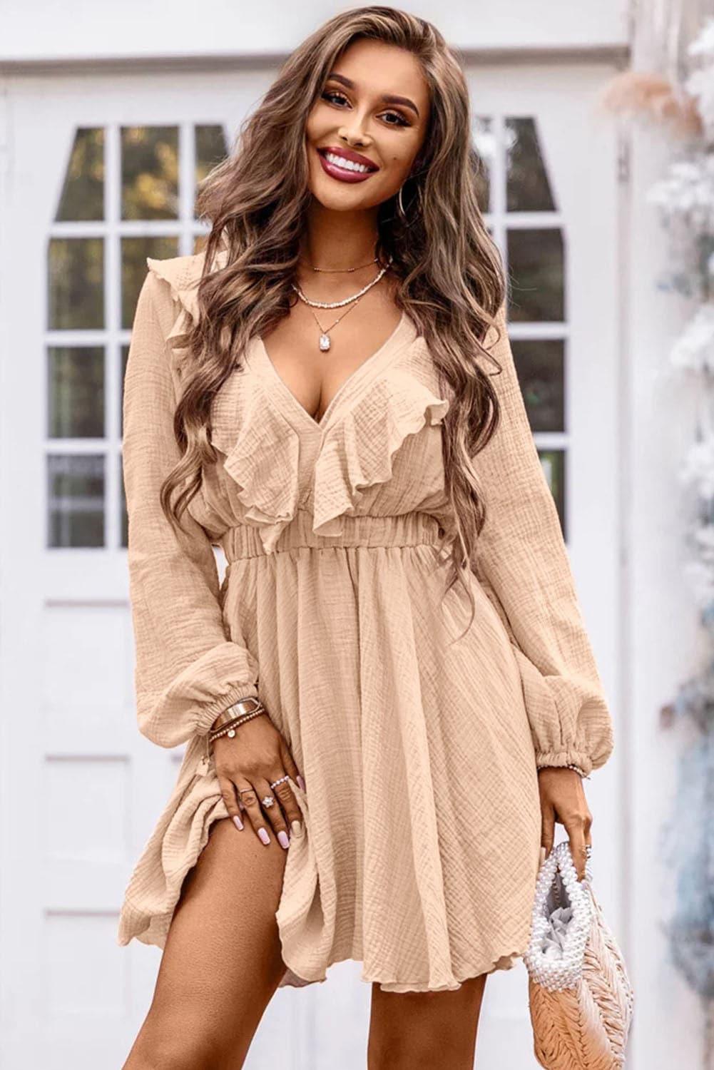 Ruffle Trim V-Neck Long Sleeve Mini Dress - SwagglyLife Home & Fashion