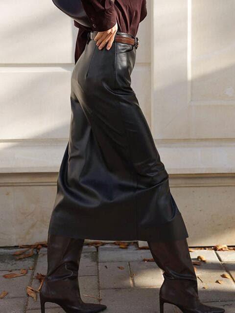 Sabrina Faux Leather Slit Midi Skirt - SwagglyLife Home & Fashion