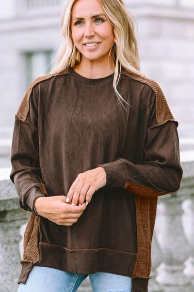 Sally Ribbed Exposed Seam Dropped Shoulder Blouse - SwagglyLife Home & Fashion