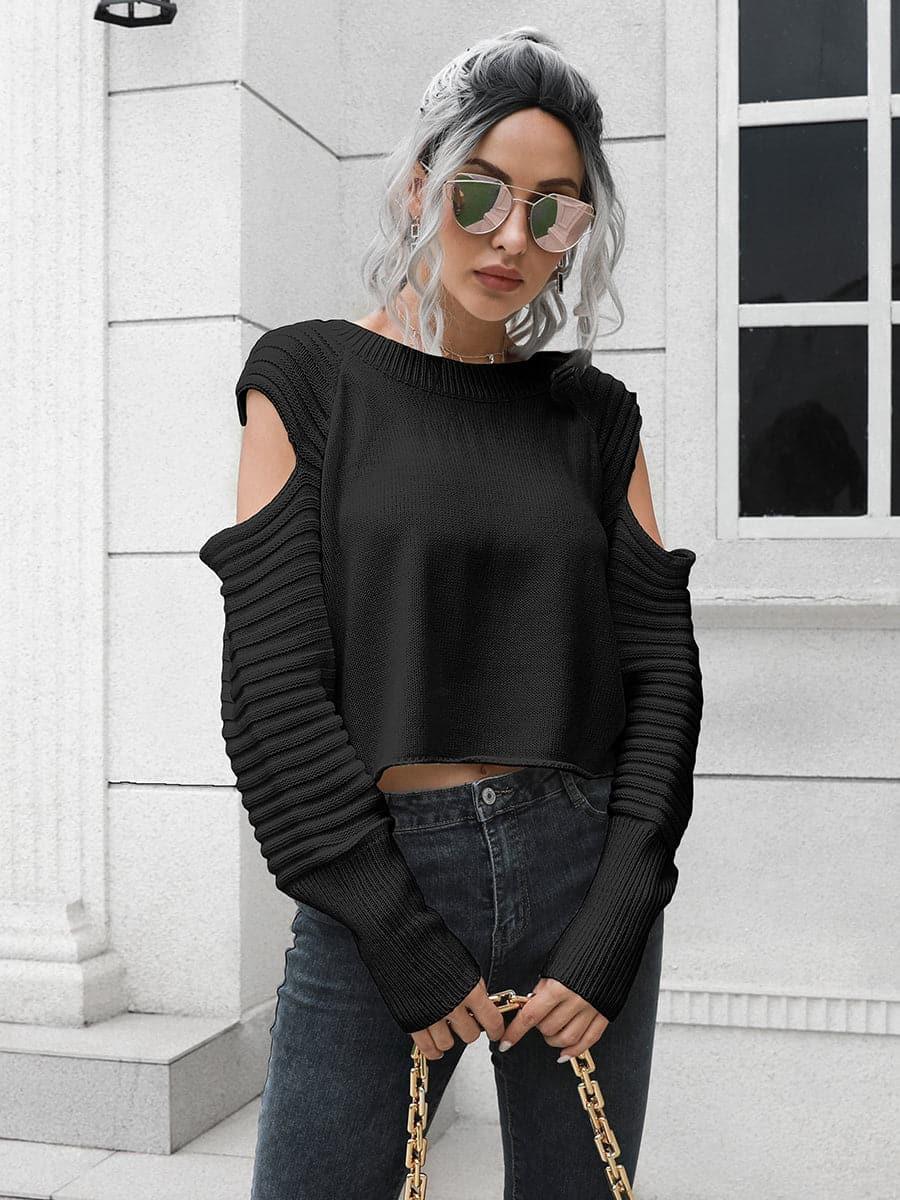 Sandie Cold-Shoulder Ribbed Trim Sweater, Multiple Colors - SwagglyLife Home & Fashion