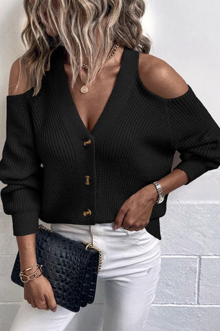 Sandra Cold Shoulder Plunge Neck Ribbed Cardigan, 4 Colors - SwagglyLife Home & Fashion