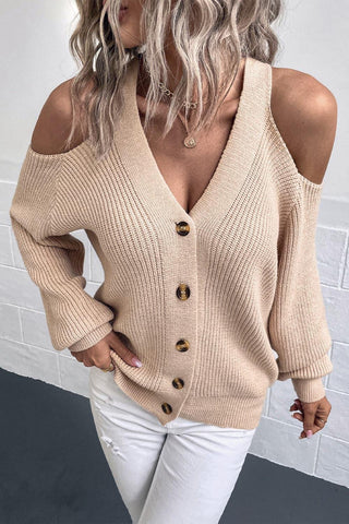 Sandra Cold Shoulder Plunge Neck Ribbed Cardigan, 4 Colors - SwagglyLife Home & Fashion