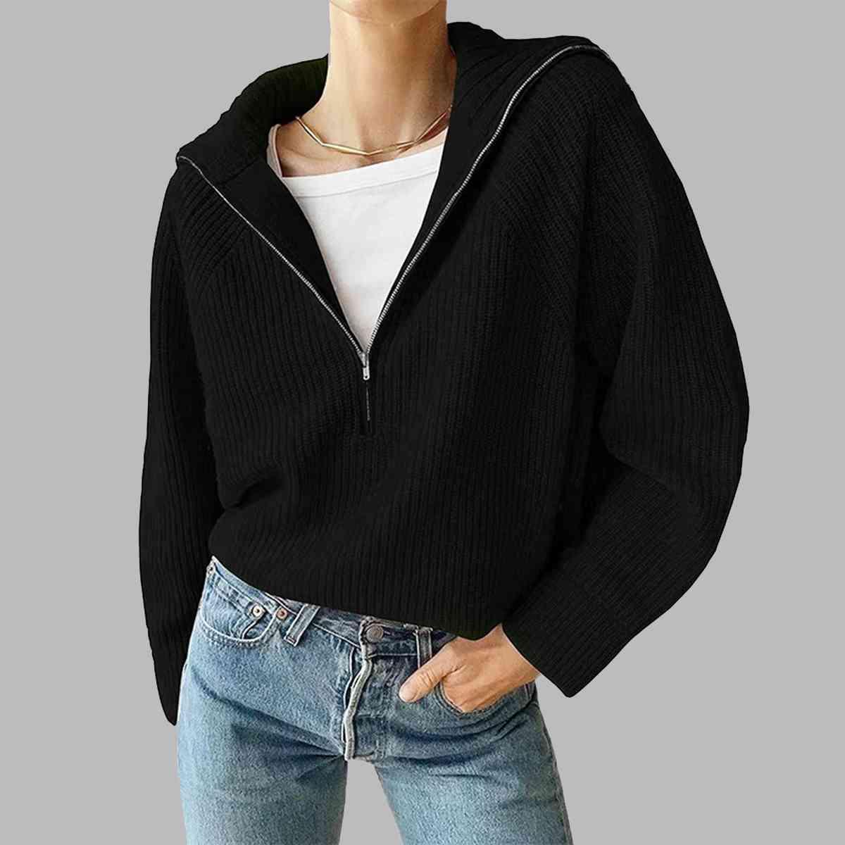 Sandra HaIf Zip Long Sleeve Knit Top - SwagglyLife Home & Fashion