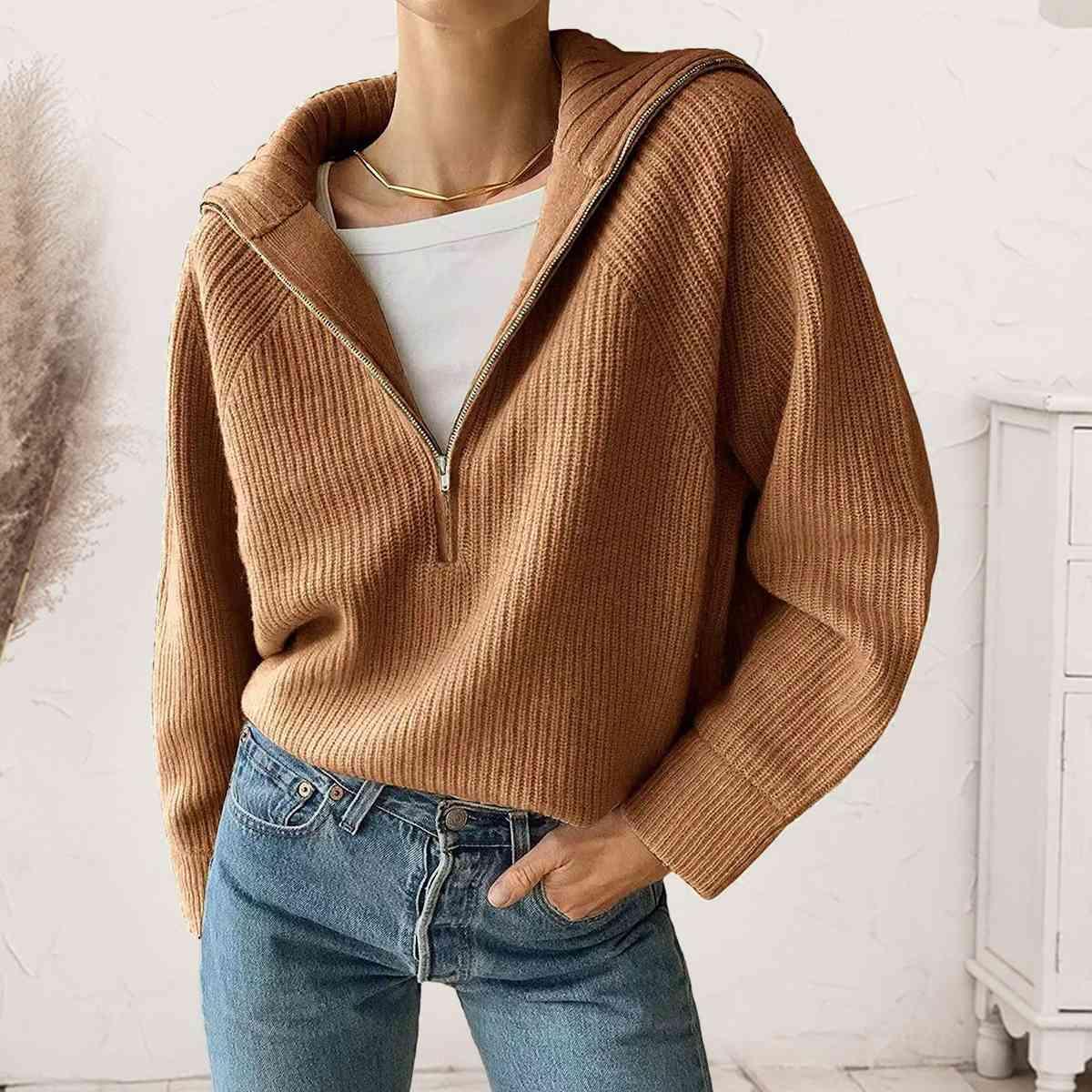 Sandra HaIf Zip Long Sleeve Knit Top - SwagglyLife Home & Fashion