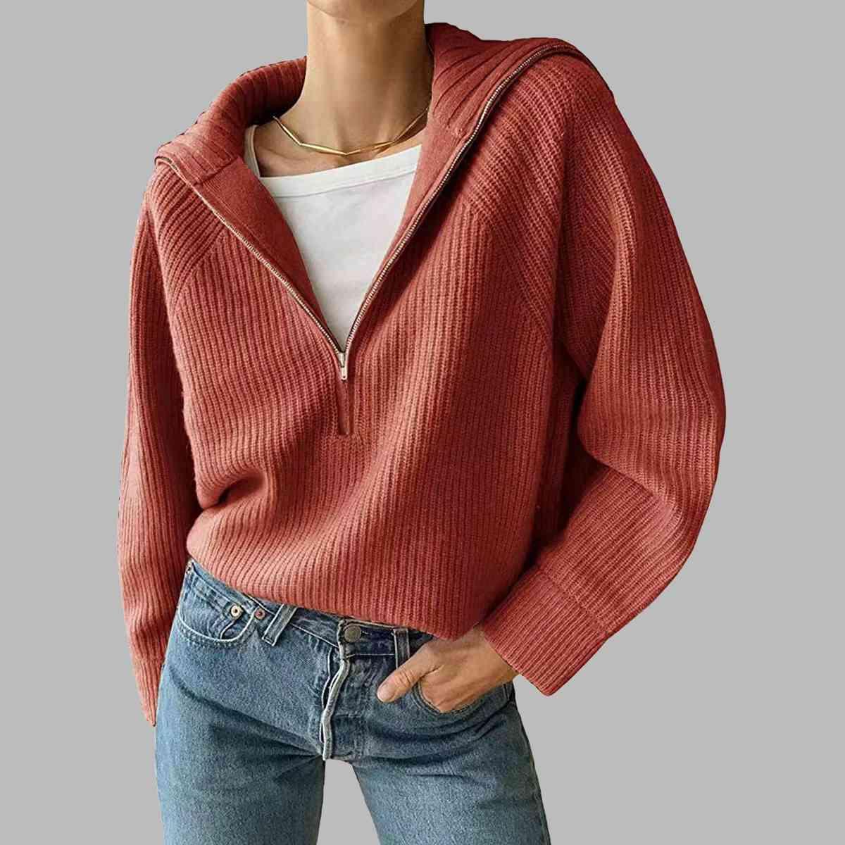 Sandra HaIf Zip Long Sleeve Knit Top - SwagglyLife Home & Fashion