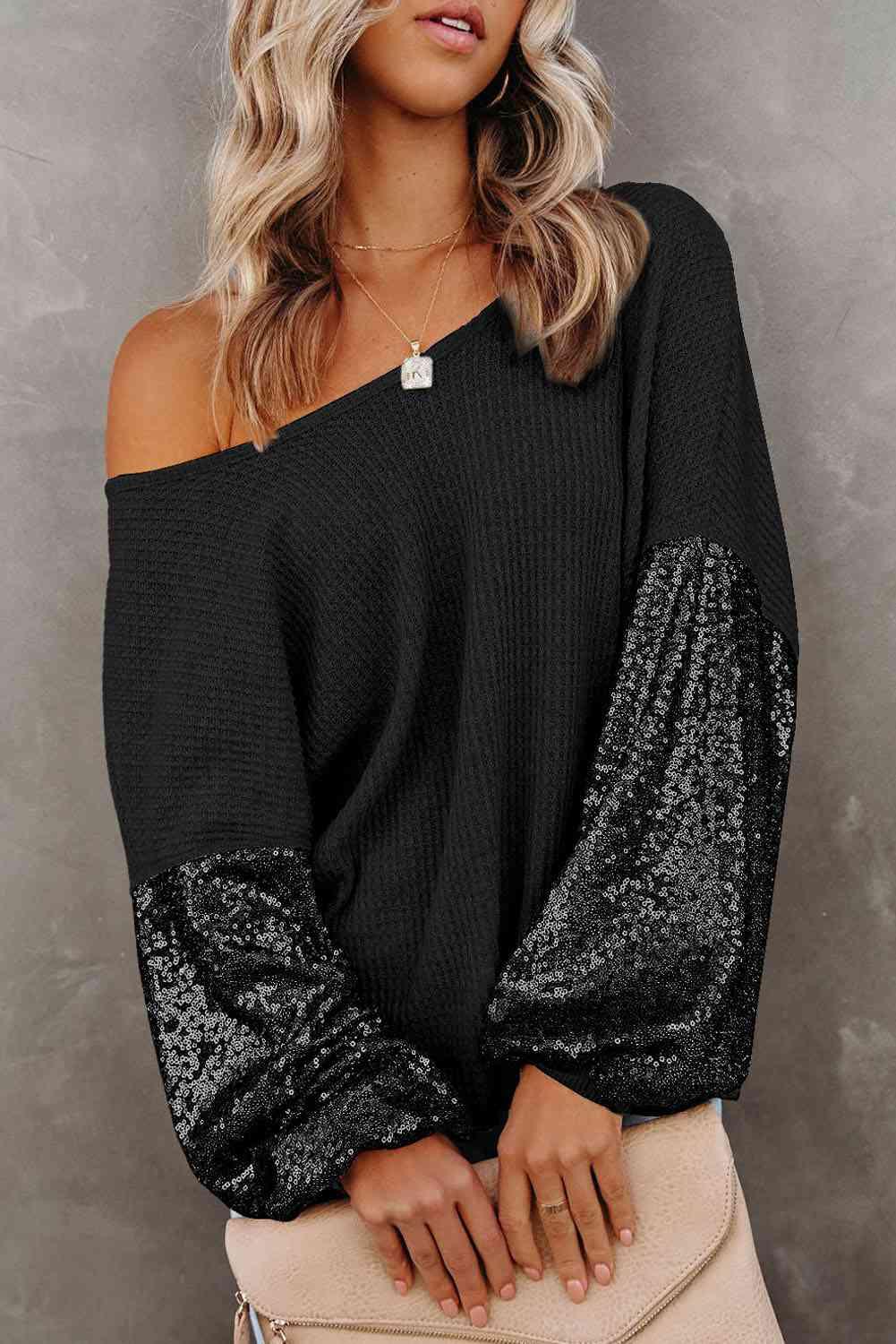 Sandra Sequin Waffle-Knit Blouse - SwagglyLife Home & Fashion