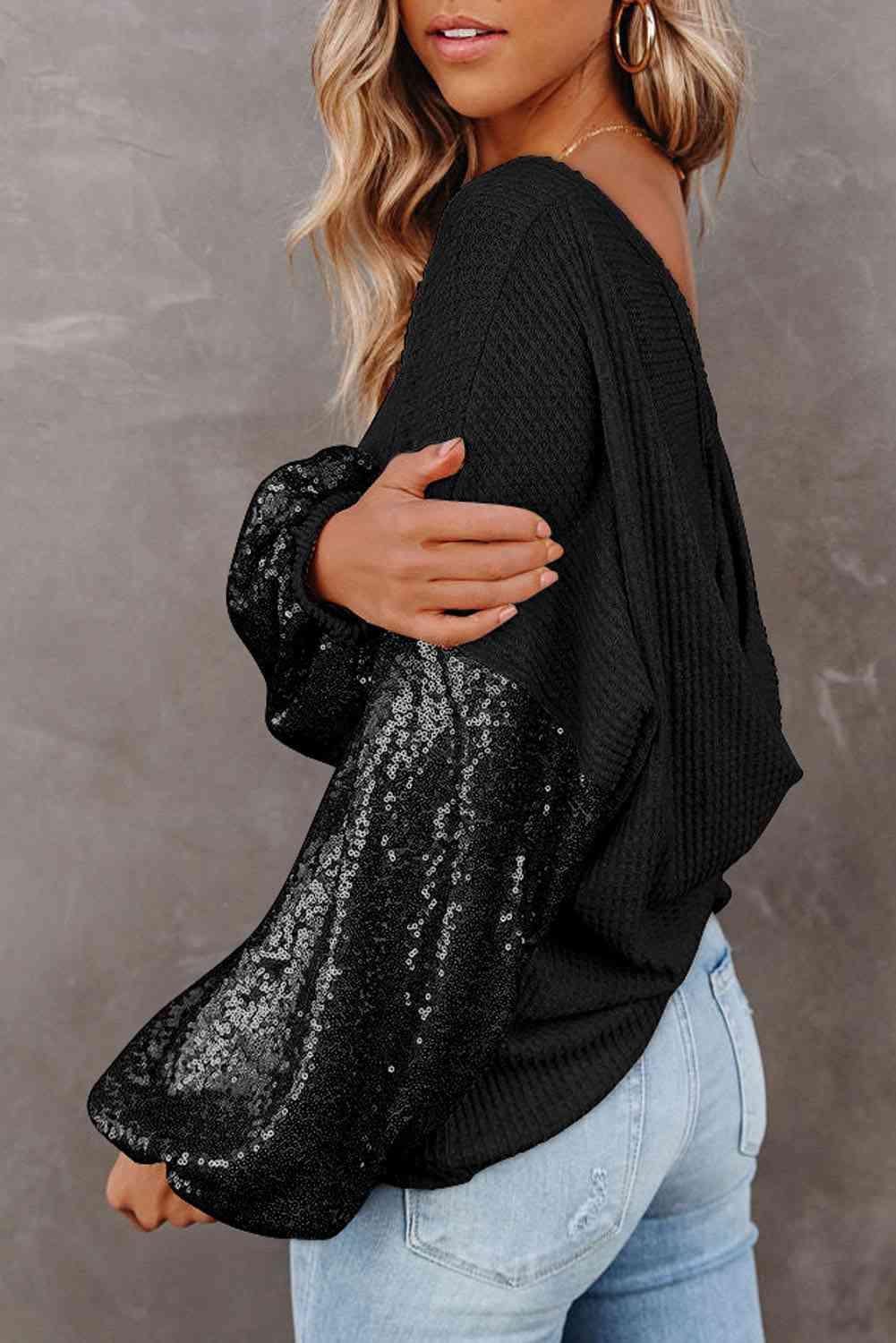 Sandra Sequin Waffle-Knit Blouse - SwagglyLife Home & Fashion