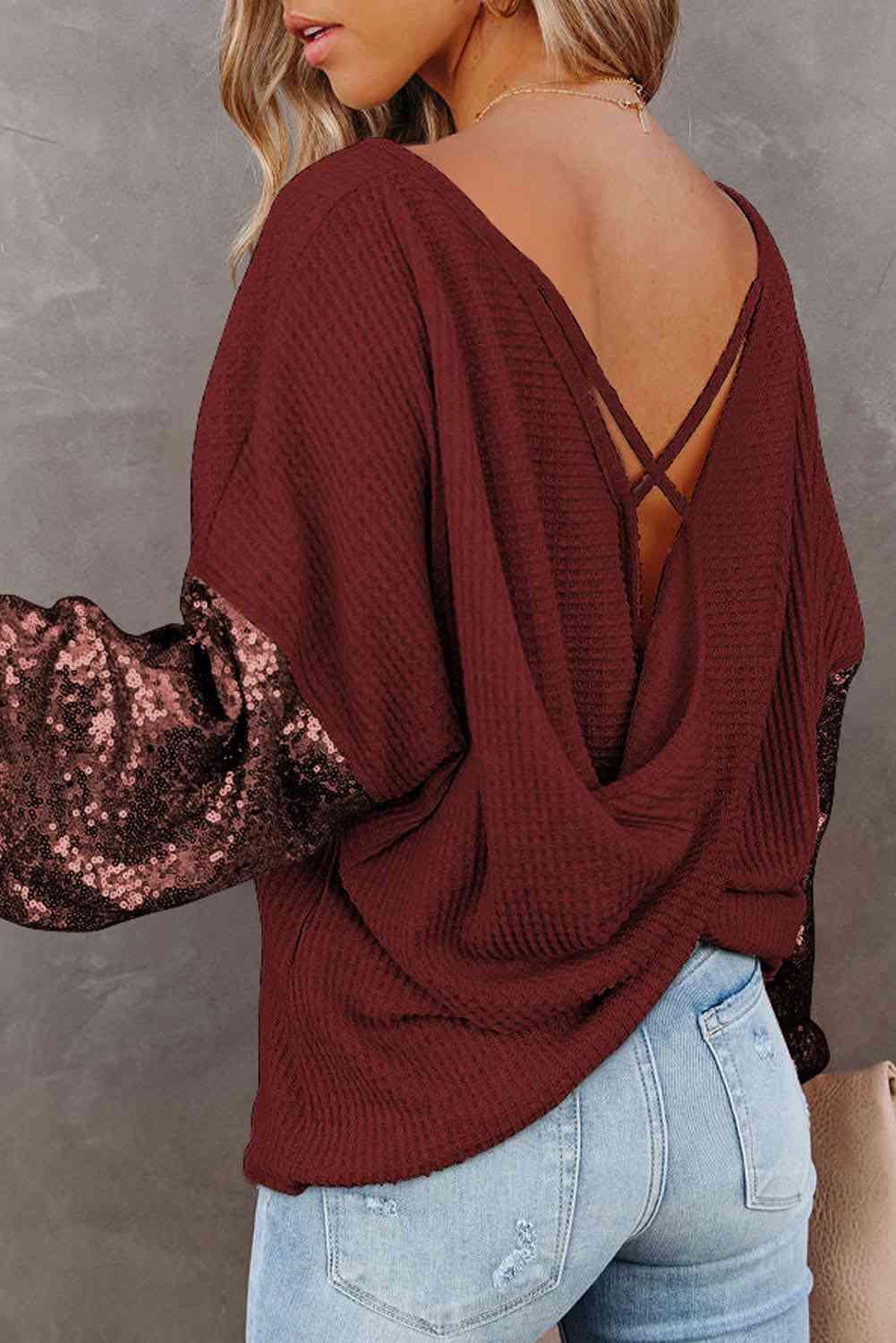 Sandra Sequin Waffle-Knit Blouse - SwagglyLife Home & Fashion