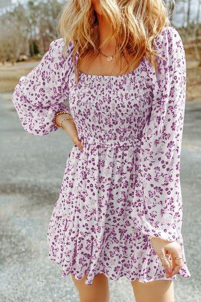 Sandra Smocked Floral Square Neck Balloon Sleeve Dress - SwagglyLife Home & Fashion