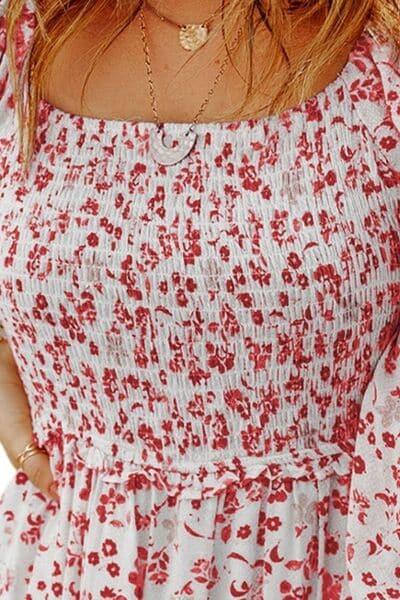 Sandra Smocked Floral Square Neck Balloon Sleeve Dress - SwagglyLife Home & Fashion
