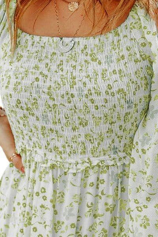 Sandra Smocked Floral Square Neck Balloon Sleeve Dress - SwagglyLife Home & Fashion