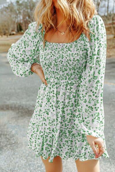 Sandra Smocked Floral Square Neck Balloon Sleeve Dress - SwagglyLife Home & Fashion