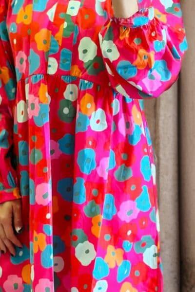 Savannah Printed Notched Raglan Sleeve Mini Dress - SwagglyLife Home & Fashion