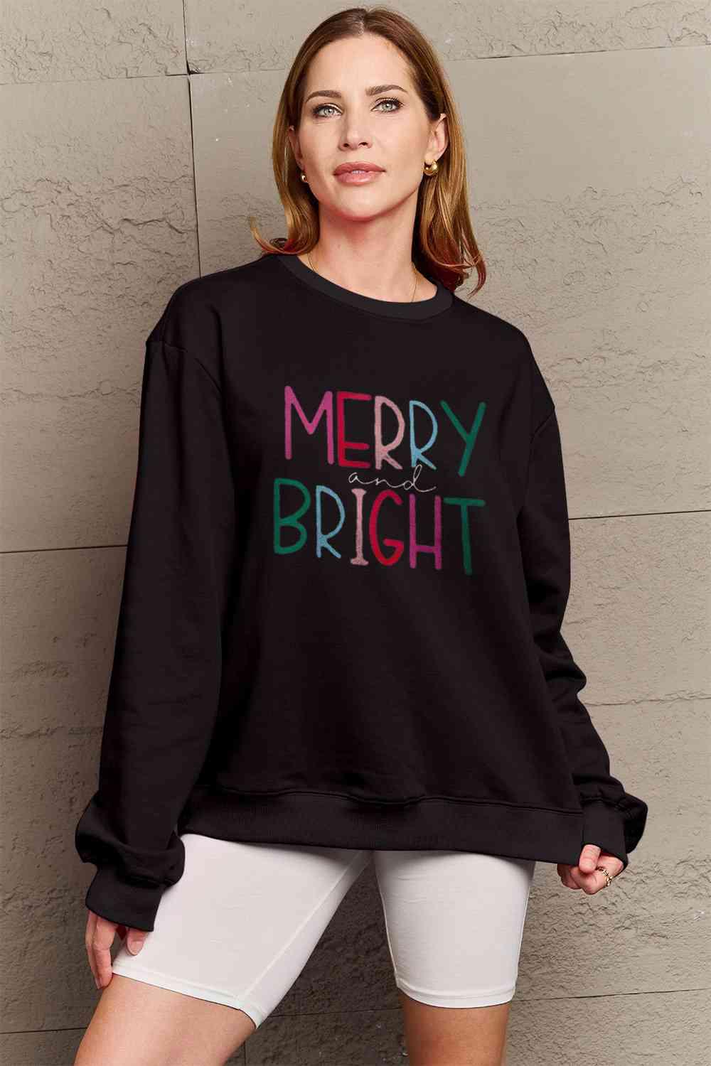 Simply Love Full Size MERRY AND BRIGHT Graphic Sweatshirt - SwagglyLife Home & Fashion